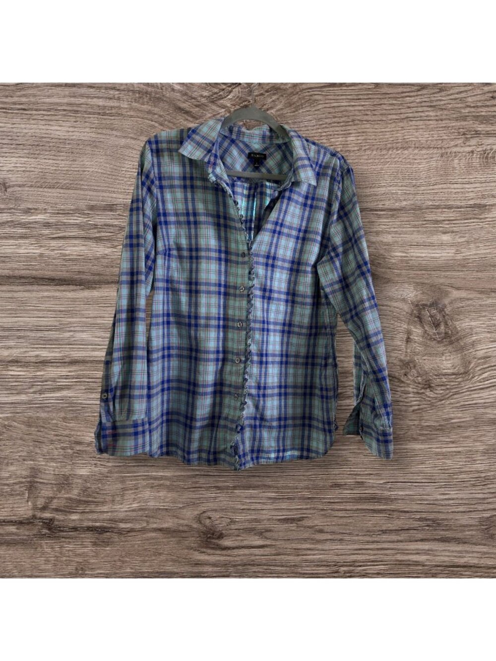 Talbots Flannel Plaid Shirt Ruffle Detail Blue Green Plaid Pattern L